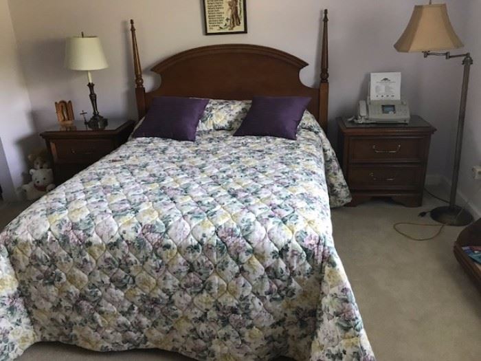 Bed with two matching nightstands and dresser with trifold mirror