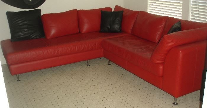 Leather Sofa Co. "Alexandria" Miracle Red leather sectional sofa with chrome legs