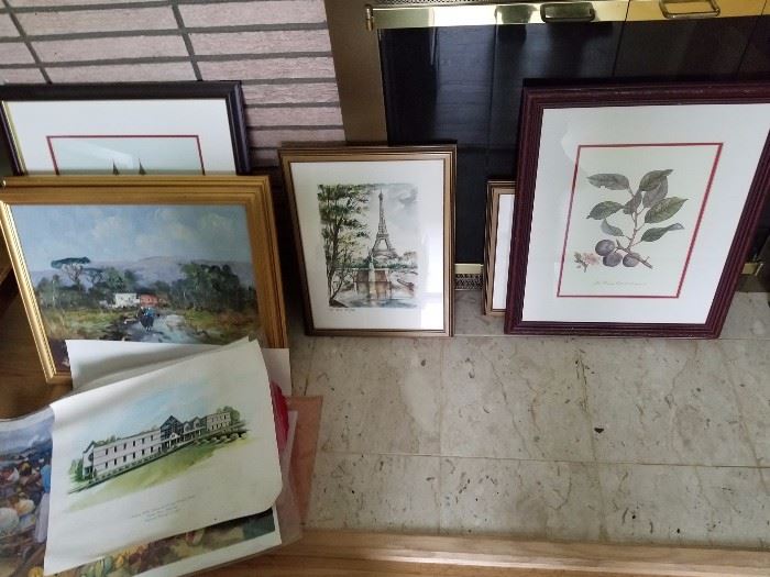 Assorted oil and  watercolor paintings, including two oil on canvas of country scenes signed by P. Mente and water color by of Seaport Street, Mystic Conn. by Paul N. Norton. Asking $9 to $49. 