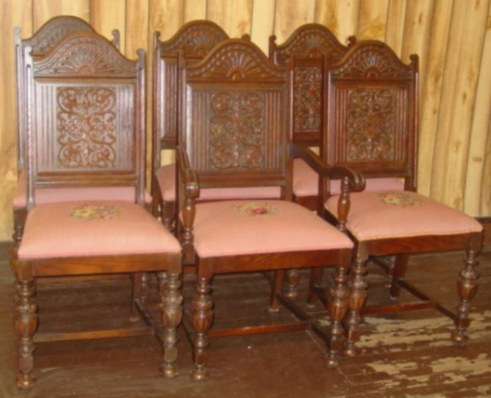 Set Of 6 Oak Carved Back Dining Chairs w/Needlepoint Seats