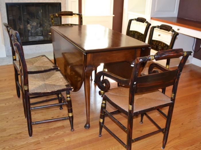 Queen Anne drop leaf table and 6 stenciled chairs