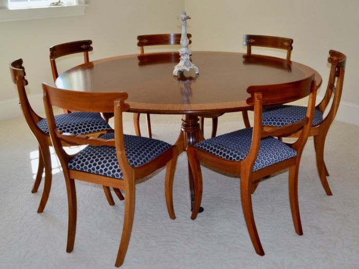 William Tillman tilt top banded mahogany table and 7 Klismos chairs