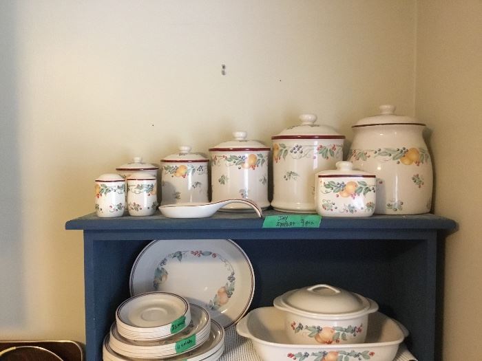 Additional pieces to set of Jay Import Abundance pattern; medium covered bowl, large casserole, platter, plates, salad plates and saucers