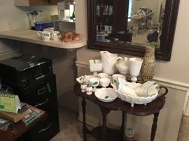 Beautiful large wood rimmed mirror with great curved side table. Both are vintage and lots of Milk Glass. Most is grape & vine pattern.