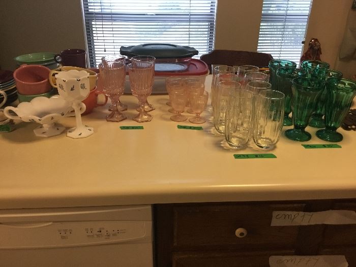 2 sets pink glasses, clear glasses, and green glasses
