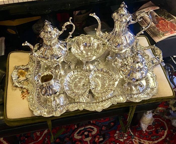 Exquisite Cinderella style large silver tea set with pumpkin finials 