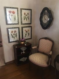 Pair of Bergere chairs, tulip botanicals with Chinoiserie frames, inlaid mother of pearl antique ebony wall clock, small mahogany book case ( one of two)