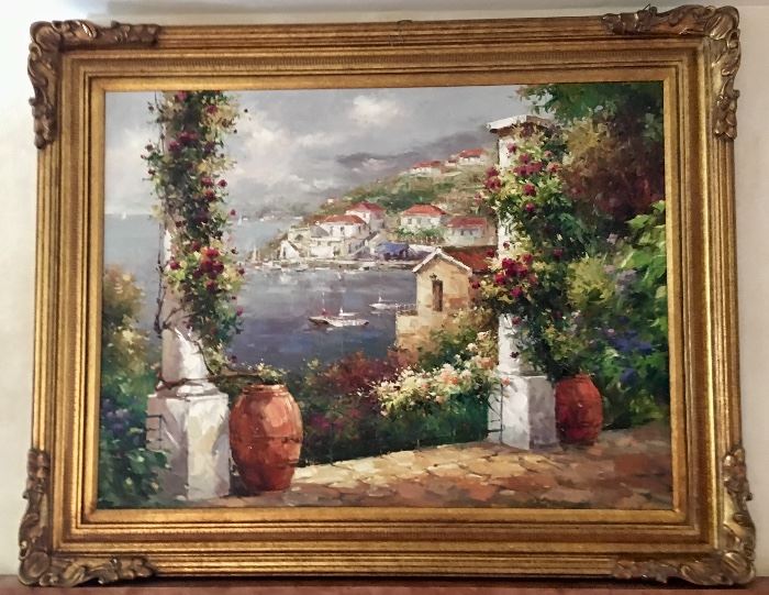 Large original oil on canvas Lake Como - view from garden terrace painting in carved gold frame 