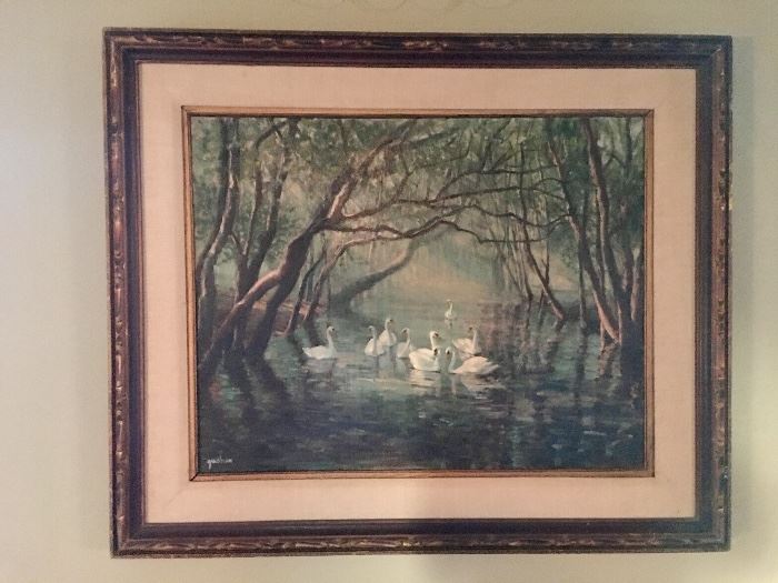Original vintage swan lake oil painting 