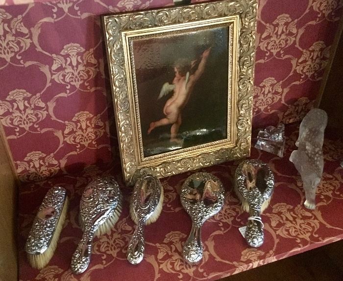 Antique ornate Sterling silver brush sets and mirrors, antique cherub painting, Lalique panther 