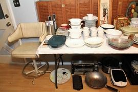 Bar Stool, Corning, Toaster Oven, Microwave, Dishes