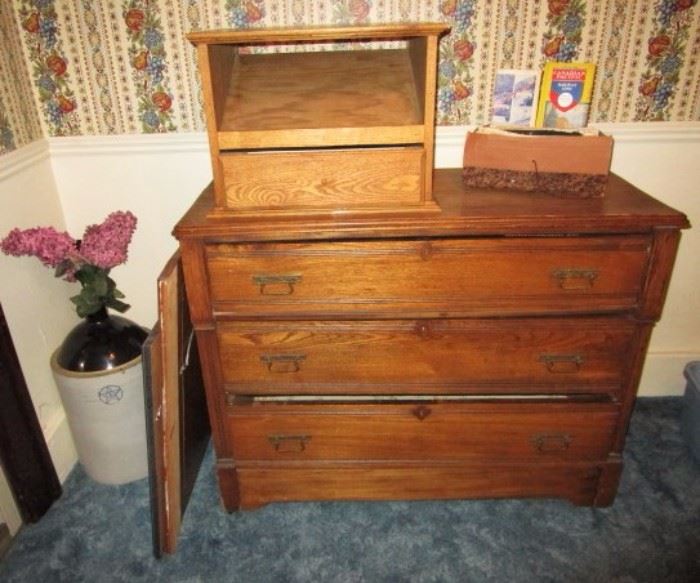 Antique 3 drawer chest of drawers, stoneware jug, etc