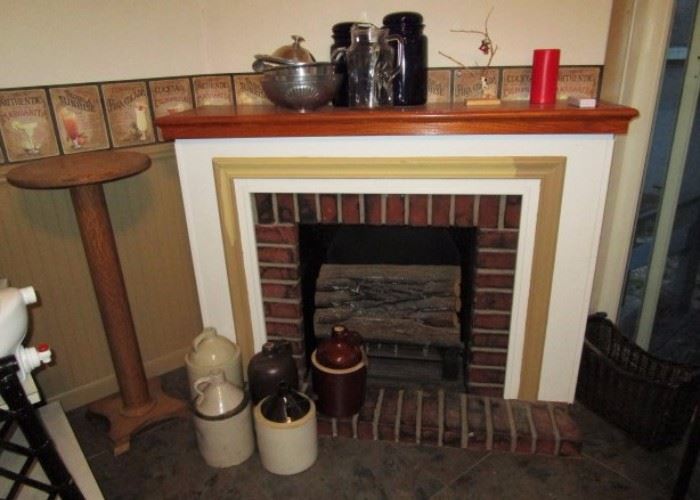 Oak plant stand, stoneware jugs, electric fireplace, etc.