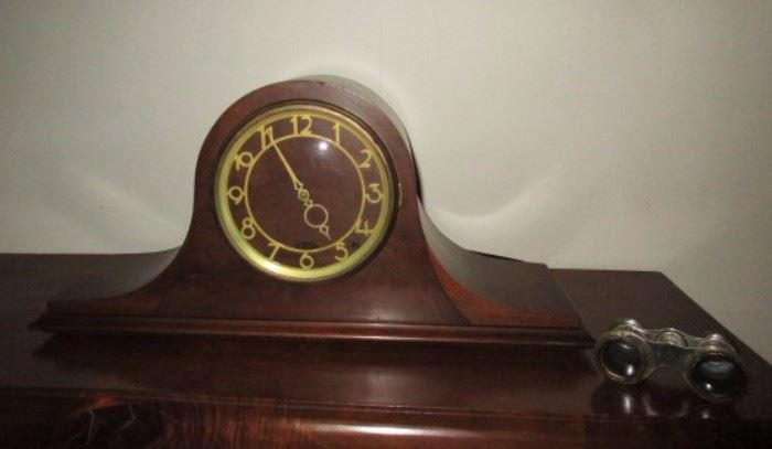 Antique mantle clock, opera glasses