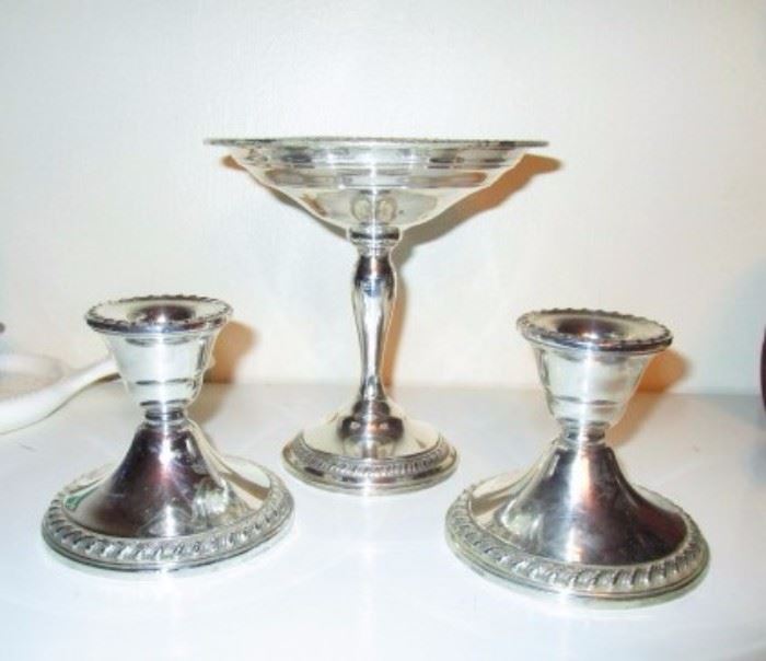 Sterling silver weighted candle sticks and compote