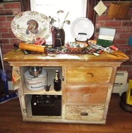 Antique Wooden chest (repurpose as a kitchen island), vintage kitchen collectibles
