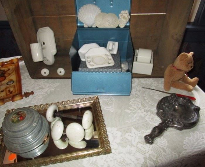 Vintage porcelain items, antique mirror