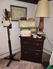 Vintage hats & hat boxes, wooden lamp, antique hat chest, hat tree