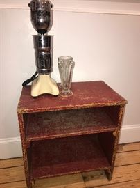 Super fun vintag red painted small bookshelf with awesome patina finish. Picture also features a vintage malt maker