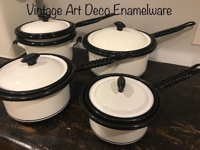 Vintage Art Deco Enamelware sauce pans; including a double boiler (by Vollrath)