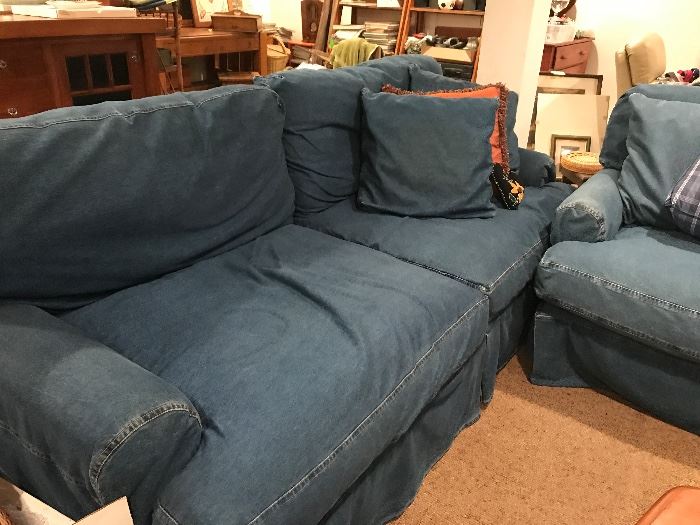 Denim slip covered sofa, chair and matching ottoman. 