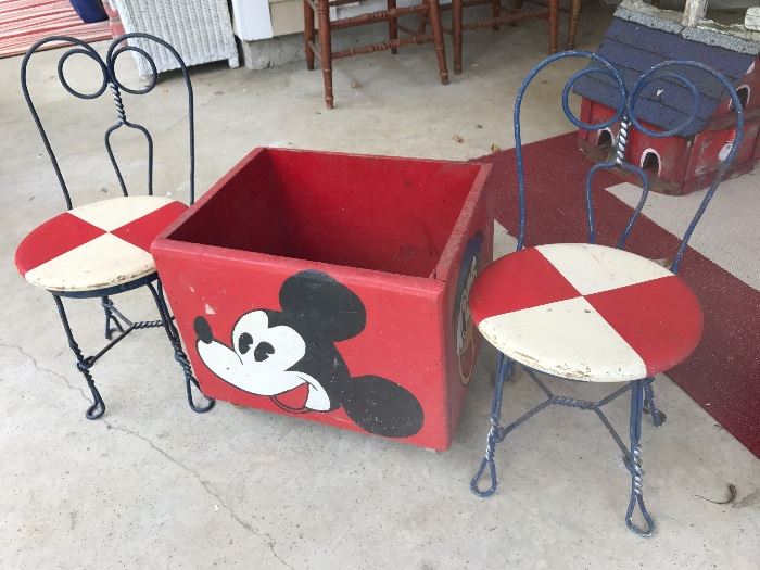 Pair of children's ice cream chairs and vintage square wood toy bucket painted with Disney theme