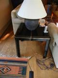 Black lacquer end table 26"sq x 23"h $140 lamp is also for sale, not yet priced.
