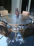 Table is Brown Jordan, chairs by Ebel, Table is 48" andthere are 6 chairs. Owl is also for sale! $600
