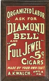 Tin, framed Diamond Bell & Full Jewel Cigar Sign