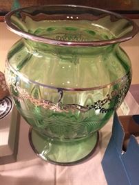 Silver over green glass Urn 