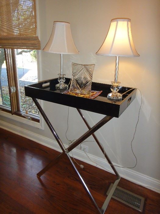 Black Lacquer Tray table with silver stand, Glass lamps, crystal picture frame  