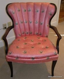 Beautiful Walnut Arm Chair with Pink and Green Silk Covering ,buttoned down the inside.