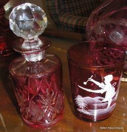 Cranberry Glass Small Decanter with Mary Gregory Style Glass