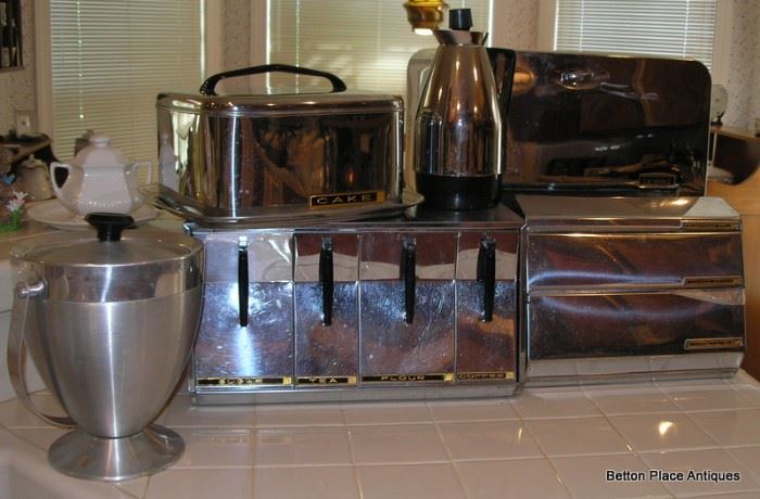 1940's Metal Bread Bin, Spice Bin, Wrap holder, Cake stand and ice Bucket