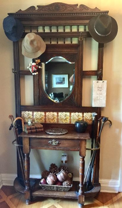Antique Oak Mirrored Entrance Table/Coat Rack w/Inset Tiles & 1 Drawer (41" x 14" x 90")