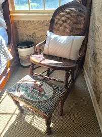 Antique Victorian Cane Rocking Chair (20" x26" x 34")                     Upholstered Horse Themed Fabric Foot Stool w/Wood Base 