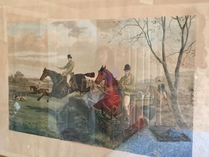 3 Hunting Scene Art Prints in Black Horse Themed Frame 