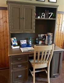 Taupe Painted Wood Desk w/3 Drawers, 1 Cabinet, Floating Shelf & Bookcase on Right Side (49" x 28" x 69") & Off White Painted Wood Desk Chair (19" x 17" x 36")