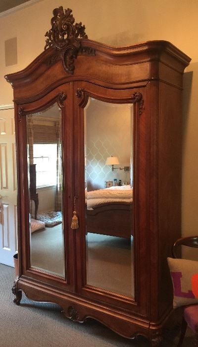 Antique Victorian Armoire in Fruitwood w/Beveled Mirror, Inside: 2 Drawers & 1 Shelf (56" x 24" x 114")