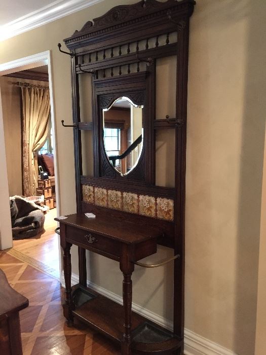 Antique Oak Mirrored Entrance Table/Coat Rack w/Inset Tiles & 1 Drawer (41" x 14" x 90")