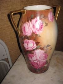 Large Limoges handles vase. Hand painted roses.