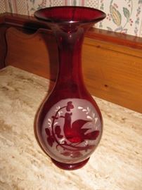 Ruby etched glass vase