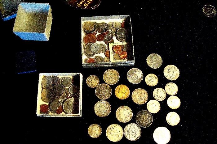 Some of the coins which includes a 1899 $20 gold piece and silver dollars & halves.