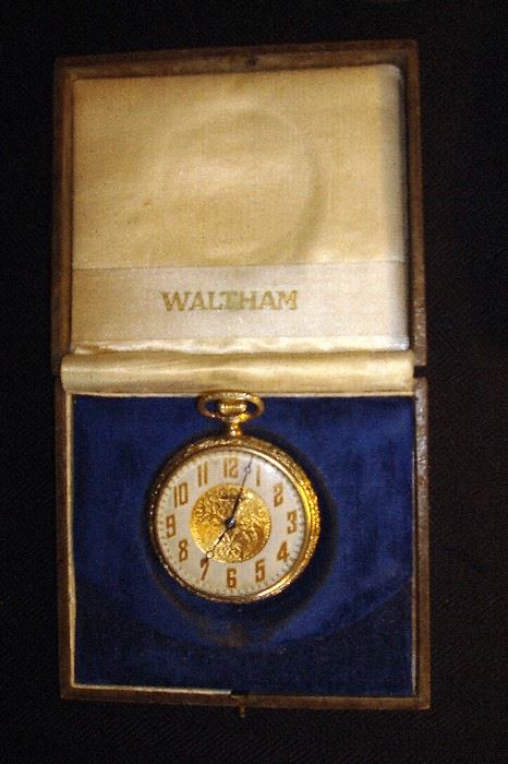Waltham 14 kt. gold filled pocket watch in original case in good running condition.
