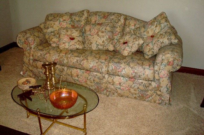 Drexel Heritage sofa, glass & brass coffee table & misc. items.