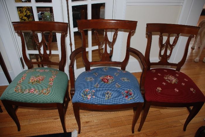 3 of 6 needlepoint dining chairs.