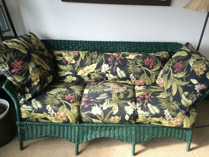 Antique paper rolled wicker couch, spring cushions.