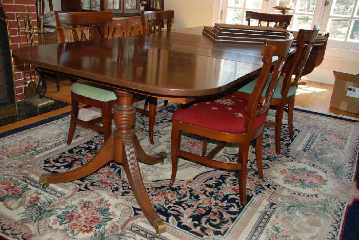 Mahogany Dining Room Table -Opens to 96 inches(3 leaves & pads) & Wool Rug 7'4" x10'2"