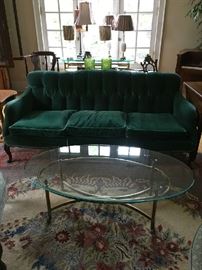 Vintage Green Mohair Couch , Brass & glass top coffee table