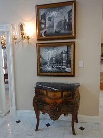 FRAMED ARTWORK AND MARBLETOP BOMBAY CHESTS